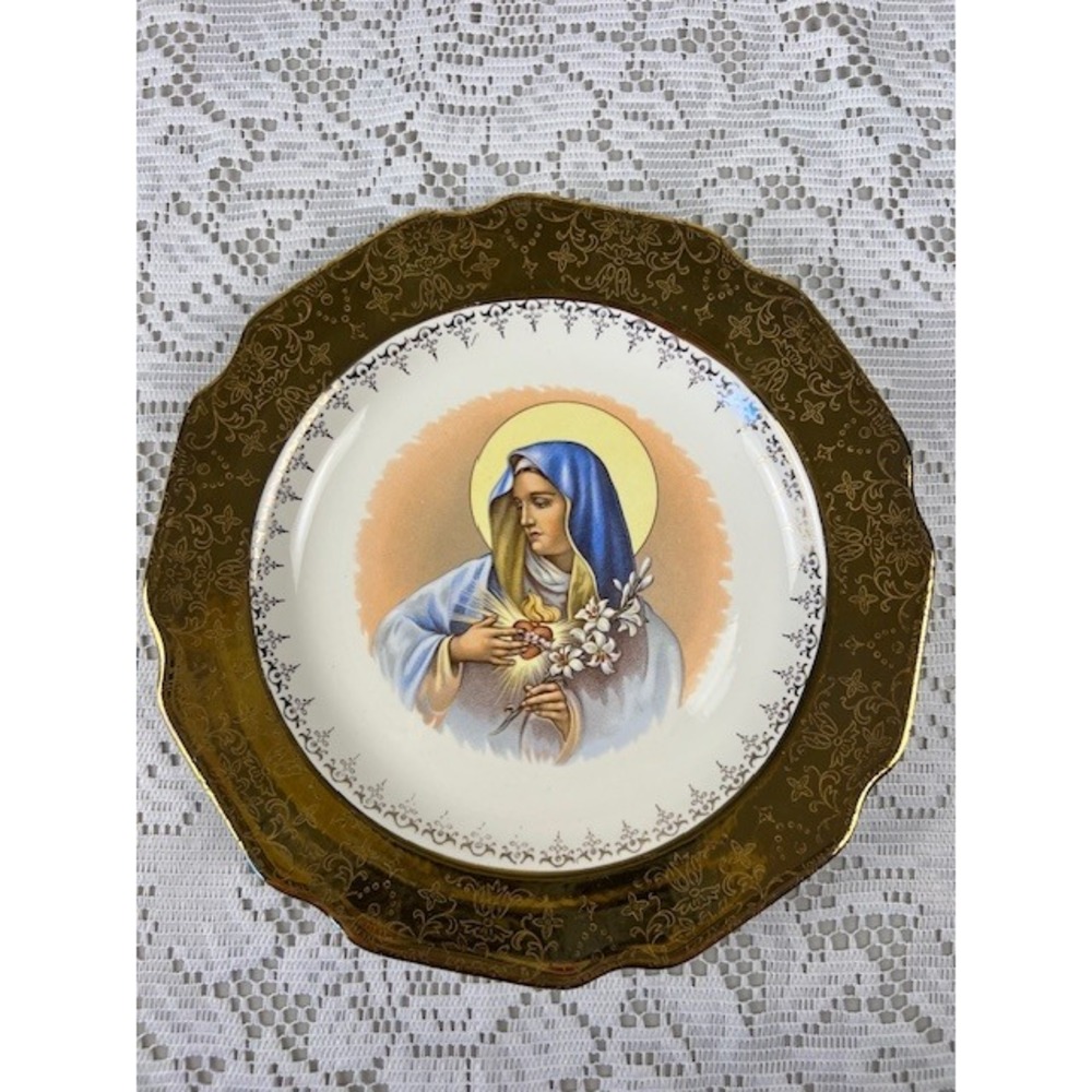 Vintage Sabin Crest-O-Gold Immaculate Heart of Mary 22K Gold Plate 10 Inch